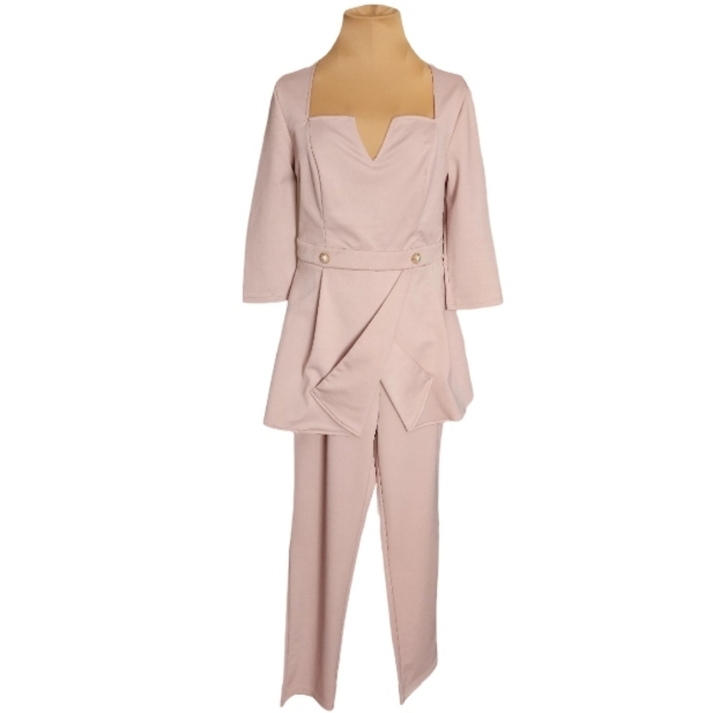 SHEIN Blush Pink 2PC Pants Set Pearl Button Peplum Top Medium NWOT